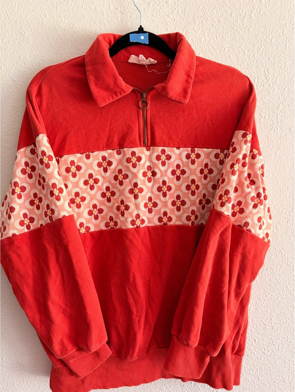 Vintage Style Red Floral Half-Zip Pullover Sweatshirt Size S